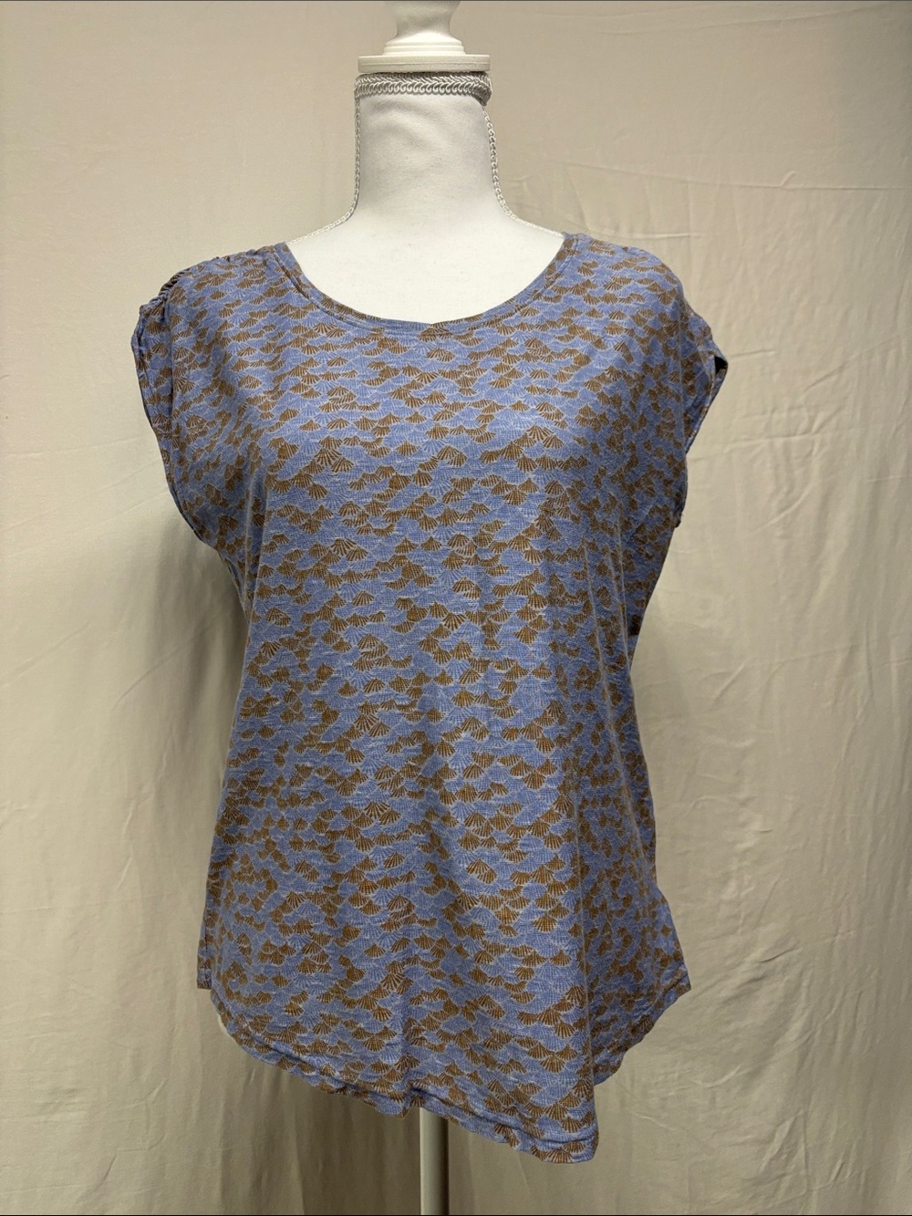 Light Blue and Brown Patterned Cap Sleeve Top